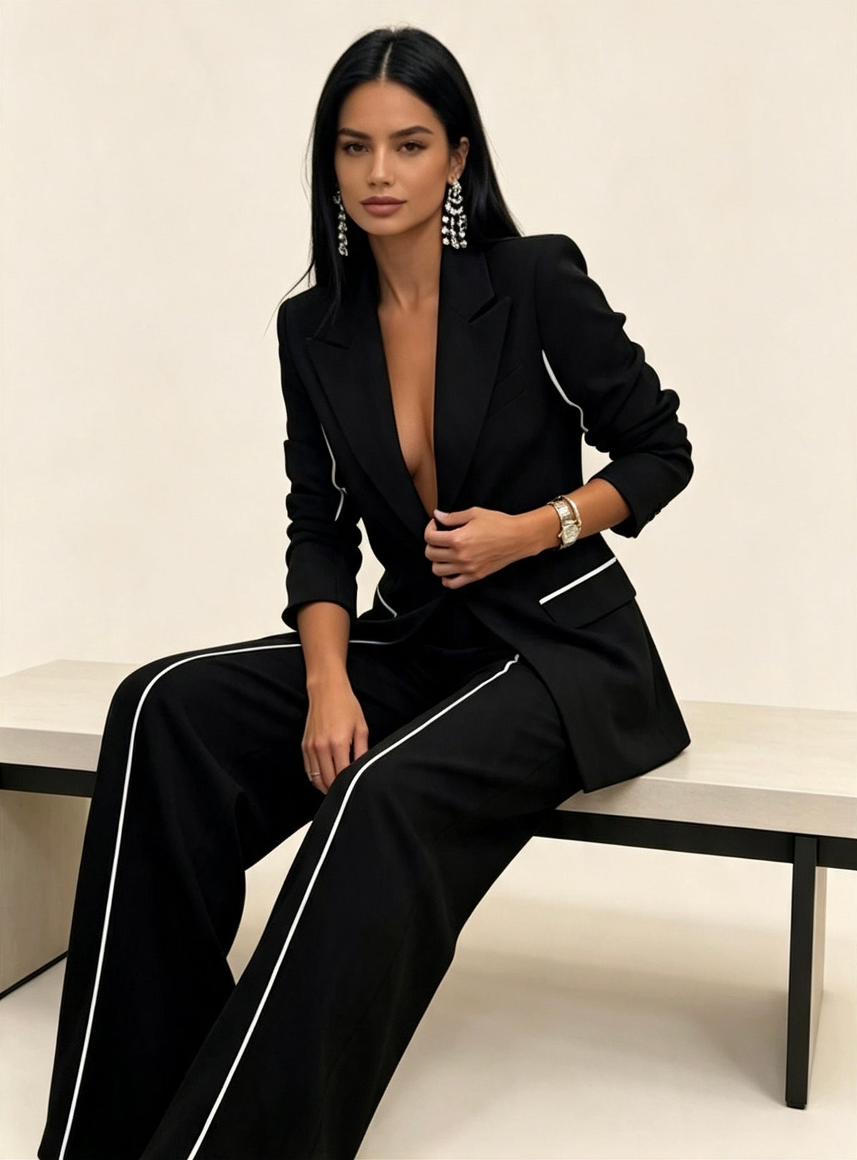 Contrast Trim Blazer & Wide Leg Pants Set