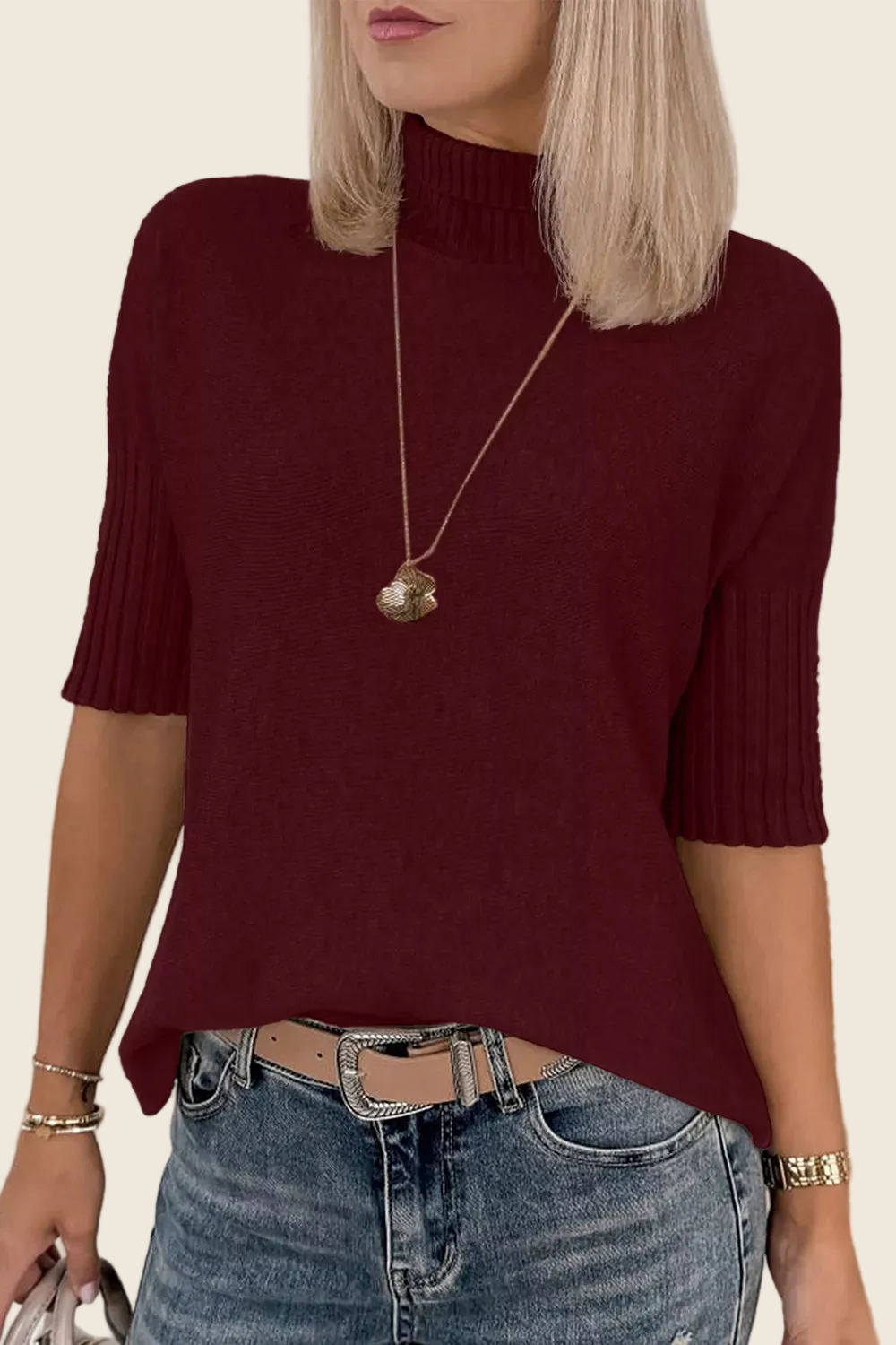 Mock Neck Half Sleeve Ribbed Sweater